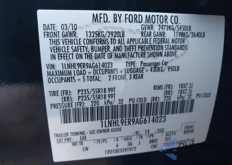 2010 Lincoln Mks from USA, damaged, VIN 1LNHL9ER9AG614023